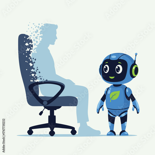 The silhouette of a human employee dissolves in the workplace, giving way to a robot. The concept of replacing humans with artificial intelligence, automation, and digitalization. 