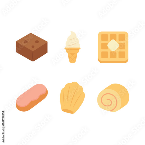 Sweet desserts set, including brownie, ice cream cone, waffle, eclair, madeleine and swiss roll isolated on white background. Minimalistic and colorful food icons. Vector flat illustration.