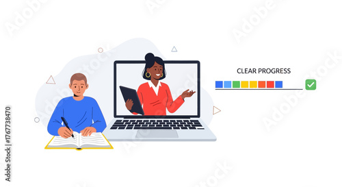 Illustration of a teacher and student engaged in online education with laptops in a simple, colorful setting conveying a learning mood.