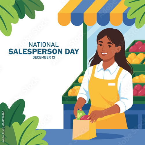 National Salesperson day horizontal banner template. Girl packing fruit into bag in front of the store. Show respect to shop keepers. Salesman and shop workers professional holiday.