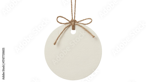 Christmas blank round paper tag with twine bow isolated on transparent background, perfect for adding a personalized message or holiday greeting