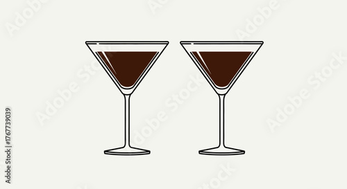 Minimalist illustration featuring two martini glasses filled with dark liquid elegance in outline