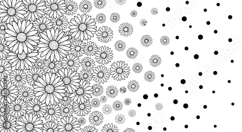 Elegant grayscale design featuring dense daisies transitioning into sparse polka dots pattern