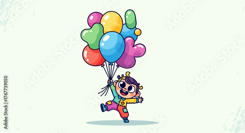 Joyful child clutching bunch of vibrant balloons, cartoon design brimming with happiness and