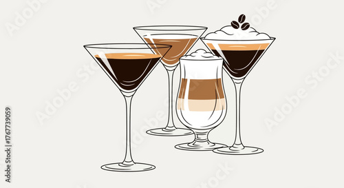 Illustrative coffee cocktails with elegant presentation in diverse glasses arrangement