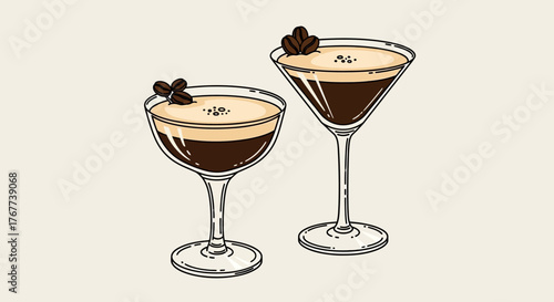 Elegant espresso martini illustrations with coffee bean garnish capturing the essence of cocktail