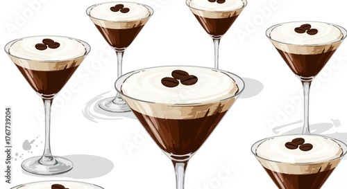 Elegant espresso martini cocktails with foamy cream and coffee beans seamless pattern background