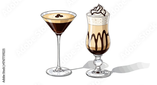 Artistic depiction of espresso martini and layered dessert cocktail with unique stylized