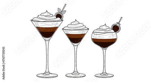 Elegant cocktail sketch displaying varied shapes and dessert toppings creates a captivating visual