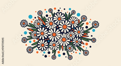 A retro floral arrangement featuring daisies with colorful accents and a vintage aesthetic