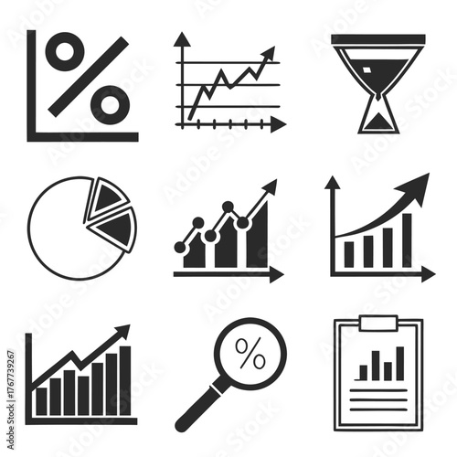 Growing bar 60 icon set. Business graphs and charts icons. Statistics and analytics vector icon. Statistic and data, charts diagrams, money, down or up arrow. Vector illustration
