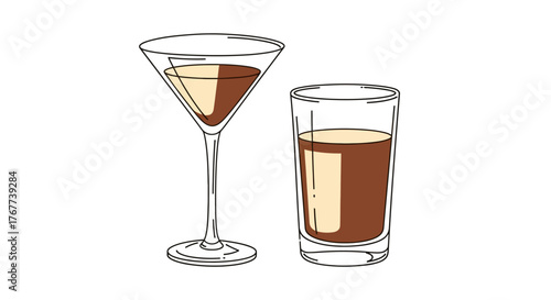 Hand Drawn Line Art Depiction of a Chocolate Cocktail and Highball Drink for Graphic Design Projects