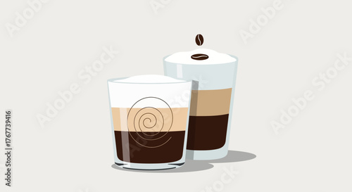 Delicious coffee indulgence: Two stylized latte glasses in soft focus and delicate illustration