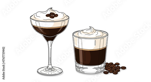 Elegant drawing featuring two servings of luscious coffee drinks in different glassware