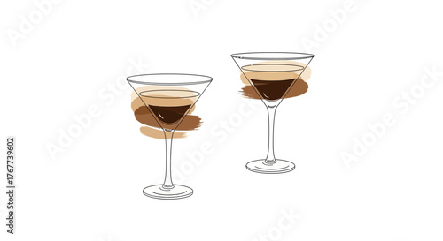 Elegant cocktail sketches with muted color palettes enhance simple line drawings for art