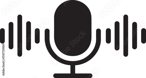 Set of microphone icons and sound wave symbol. For podcast, audio recording, voice memo, interview. Radio broadcast and studio equipment vector illustration. Communication.