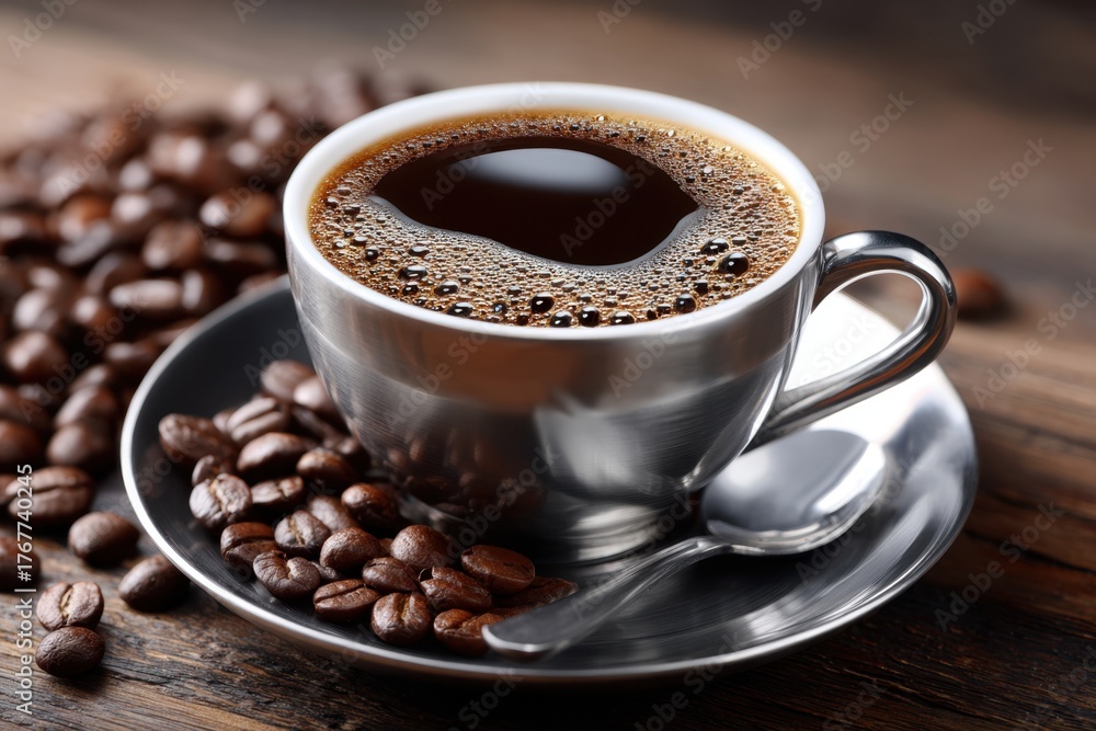 Fototapeta premium Freshly Brewed Coffee with Coffee Beans on Rustic Wood