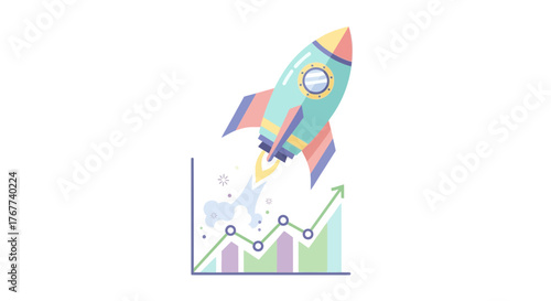 Rocket launching above upward trending growth chart, symbolizing business success, startup momentum, and financial performance exceeding expectations, achievement
