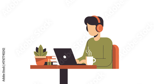 Freelancer coding with laptop and headphones, modern worker enjoying coffee while working from home, focused student studying online at desk with books