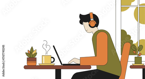 Modern professional working remotely with laptop, enjoying coffee and music at home, stylish workspace creating a relaxed atmosphere for peak productivity