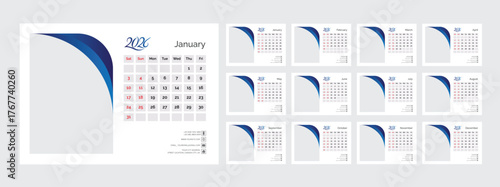 2026 Calendar Planner Set of new Template 12 Monthly Page for Corporate or Personal use. Desk Calendar 2026 template. Calendar template for 2026 with week start on Sunday