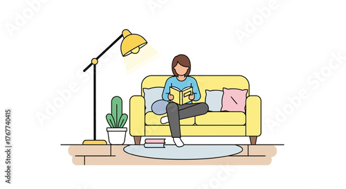 Cozy scene of a person reading a book on a comfy sofa under a lamp, creating a relaxing atmosphere perfect for promoting leisure and relaxation