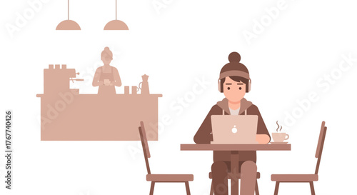 Young professional working remotely from a trendy coffee shop, sipping a warm beverage while catching up on emails and deadlines, stylish and comfortable