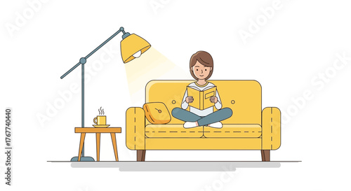 Relaxing at home with a good book and warm drink, this cozy scene promotes wellness, comfort, and the simple joys of downtime in a modern setting