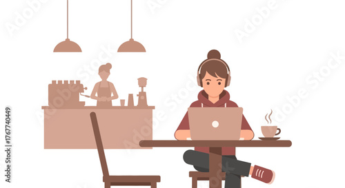 Relaxed young woman studying at a coffee shop with laptop and headphones, enjoying a peaceful work session with barista in the background