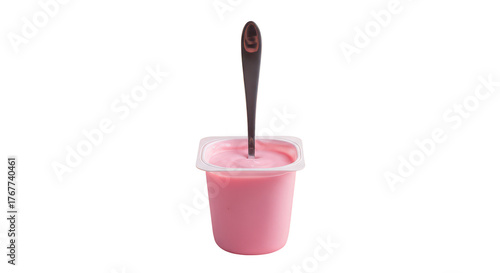 Pink Yogurt Cup With Spoon Isolated On Black Background