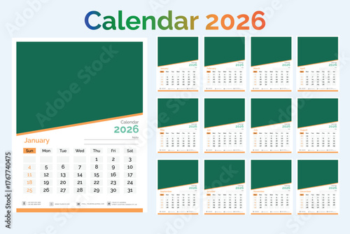 2026 Spanish calendar. Planner template. Week starts Monday. Calender layout with 12 month. Yearly table organizer. Desk schedule grid. Horizontal monthly diary with pages