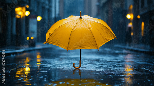 Wallpaper Mural Bright yellow umbrella stands out on a rainy street Generative AI Torontodigital.ca