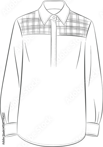 Women’s blouse vector, fashion flat sketch, long sleeve shirt design, button front blouse template, garment outline drawing, apparel fashion illustration