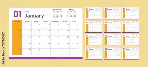 Set of 2026 Calendar Planner Template Pages Monthly, Cover with Place for Photo and Company Logo. Vector layout of a wall or desk calendar with week start Monday for printing