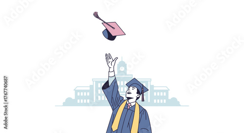 Joyful graduate celebrates graduation by throwing cap in the air, commemorating academic success with university building backdrop, a memory to cherish forever
