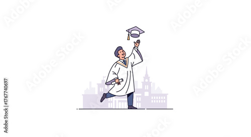 Cheerful graduate tossing cap in the air, celebrating academic success near campus, embodying joy and achievement, perfect for graduation announcements
