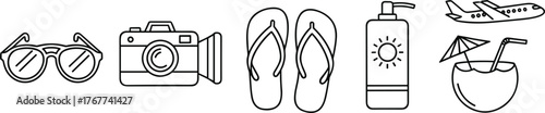 Line Art Vector Icons of Summer Holiday Essentials and Beach Activities.