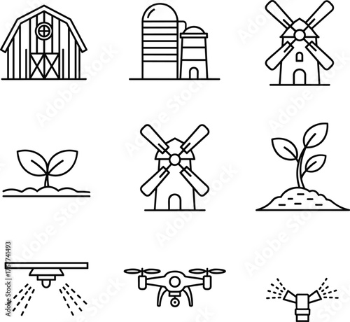 Modern Line Art Vector Icons Representing Sustainable Farming and Agricultural Technology Concepts.