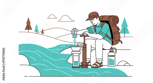 A Bearded Hiker Purifying Water From A River In An Outdoor Adventure Setting