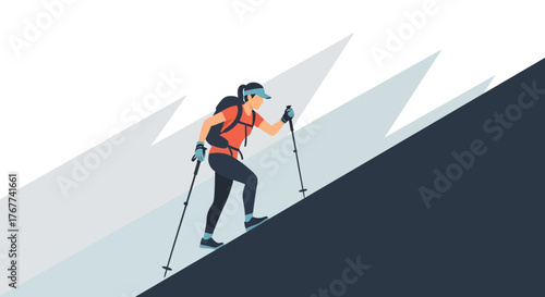 A Bold Climber Steadfastly Ascends A Steep Mountain Slope Towards The Summit