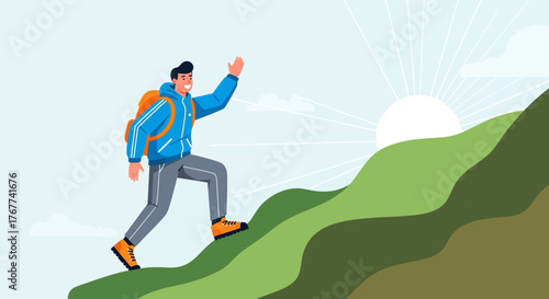A Cheerful Hiker Ascends a Lush Mountain Towards The Sun Rising With Determination
