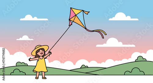 A Cheerful Girl Soaring Her Colorful Kite Amidst Rolling Green Hills And A Pastel Sky