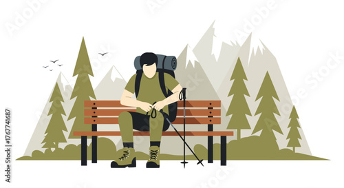 A Hiker Resting Upon a Bench Before Majestic Peaks and Evergreen Forests