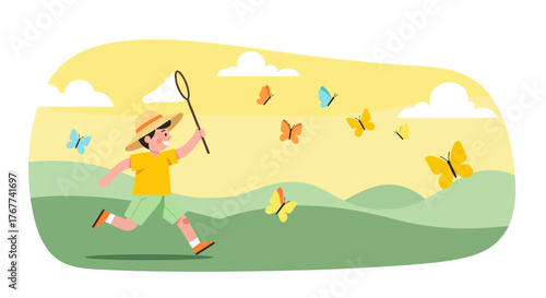 A Cheerful Youth Chasing Butterflies Under The Warm Summer Sunlight With A Net