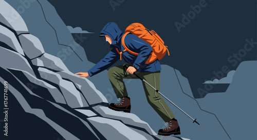 A Climber Ascends a Rocky Terrain in Pursuit of Adventure and Accomplishment