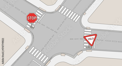 A Detailed Illustration of Road Intersection with Stop and Yield Signs at Crossroads