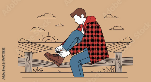 A Farmer Prepares to Start His Day Lacing His Work Boots On A Wooden Fence