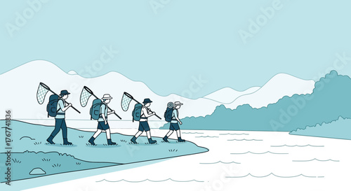 A Group Of Adventurers Embark On A Journey To Explore Lakeside Nature Scenery