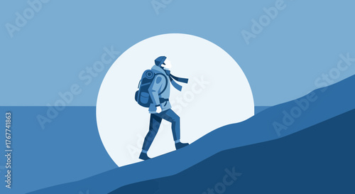 A Person Ascends A Steep Mountain Hill With A Backpack and Enormous Sun Behind