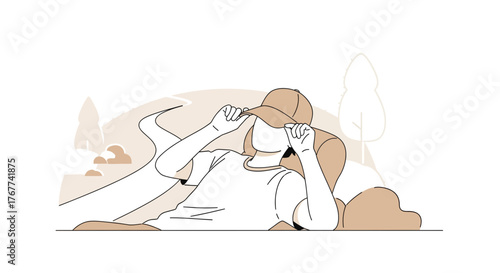 A Person Adjusting The Cap While Observing A Scenic Road And Foliage